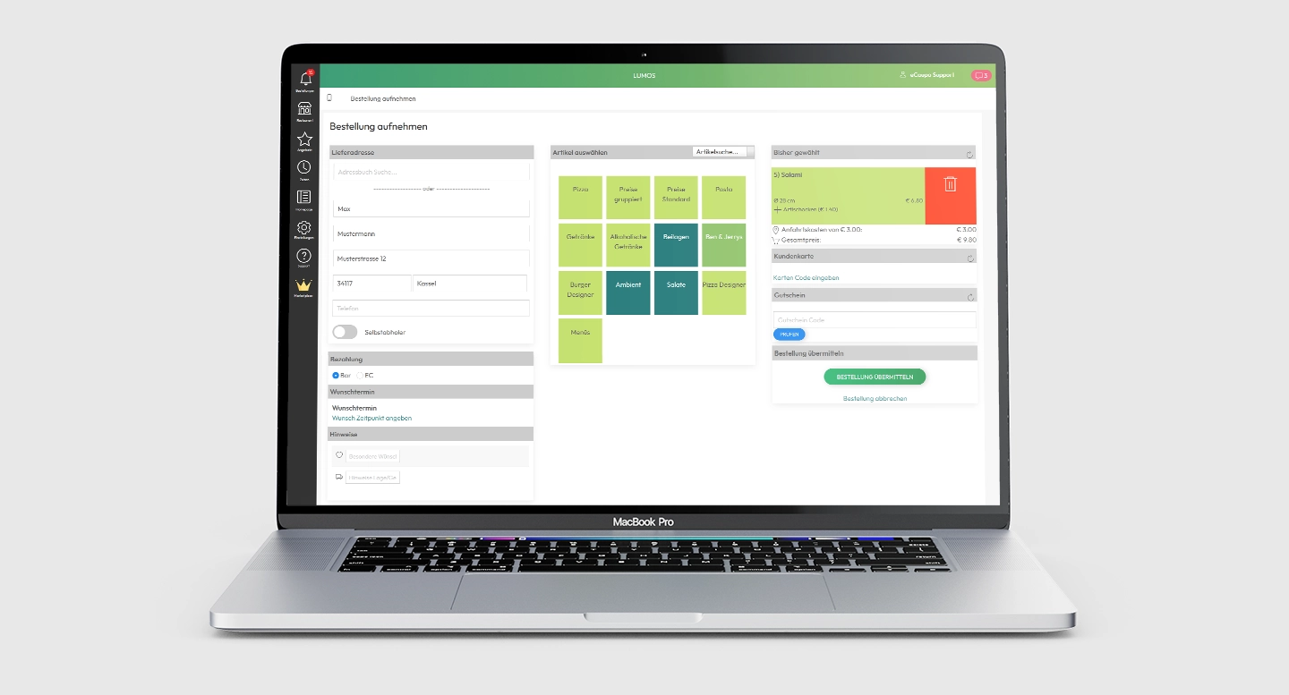 Ordering panel for phone order taking in the eCaupo Manager