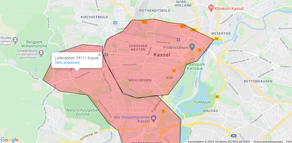 Defining delivery areas on a Google map